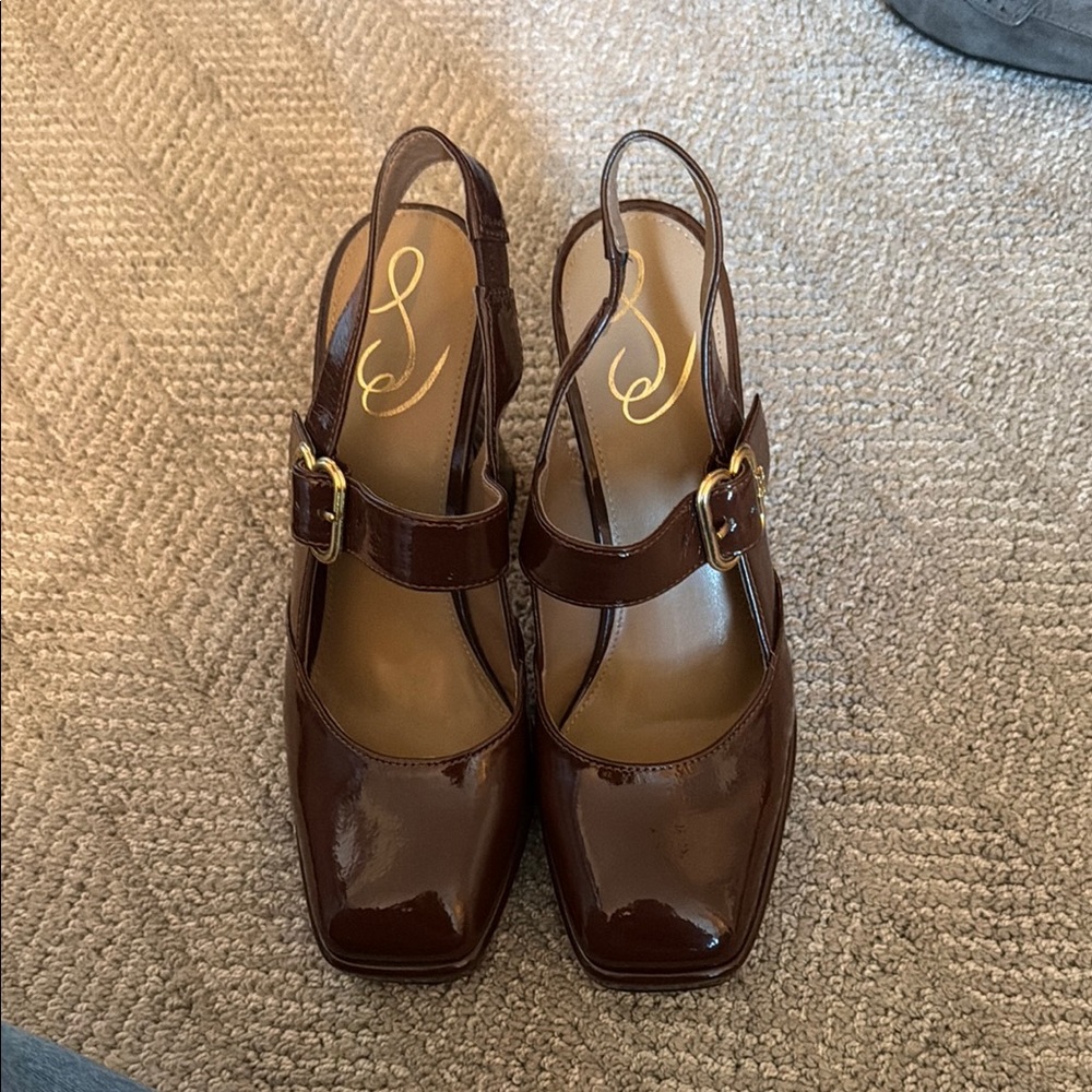 Women's Brown Patent Slingback Heels with Buckle